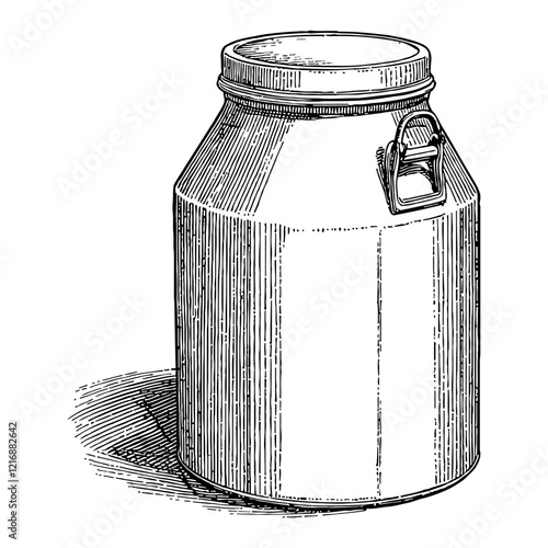 Detailed Milk Can with Handle Black and White Outline Line Art Drawing Isolated