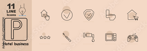 Parking sign, house selection, shield, bathroom, cart in house, stars, toothbrush, faucet, microwave, game controller. Focus on guest amenities and service features