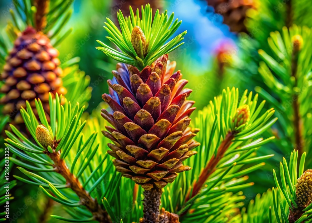 Obraz premium Close-Up of Pine Tree Needles and Cones - Detailed Texture and Nature Photography