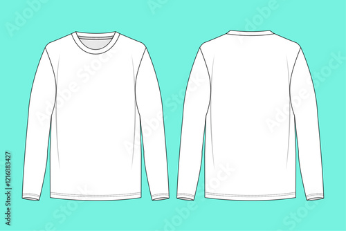 Men's crew neck long sleeve T-shirt flat sketch, black and white outline.