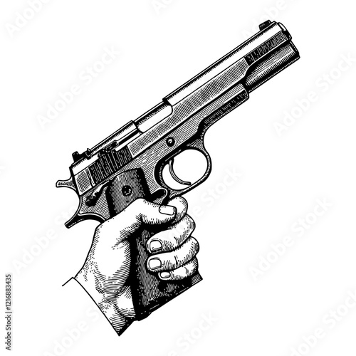 Pistol held by Hand in Detailed Black and White Outline Line Art Drawing isolated on white background