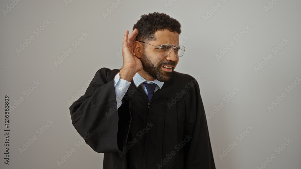 Obraz premium Handsome young man in graduation gown posing isolated against white background maintaining an attentive hand to ear gesture
