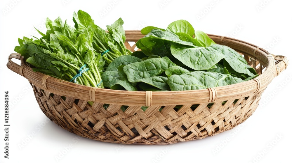 Fresh Spinach and Green Leaves in a Woven Basket on White Background
