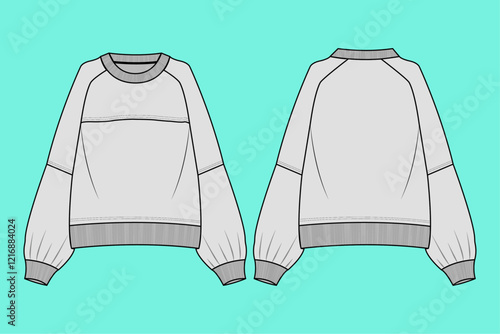 Ladies long sleeve crop cut and sew fleece crew neck sweatshirt flat sketch outline.