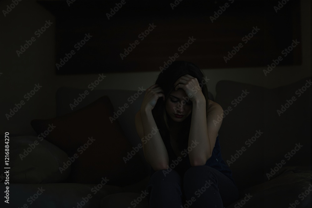 Young adult woman with depression sitting at home alone Young adult woman with depression sitting at home alone