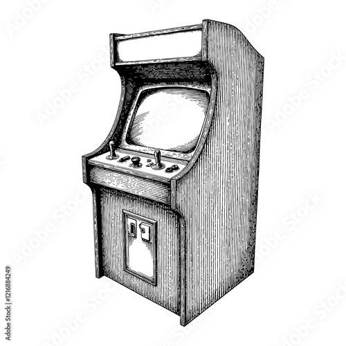 Retro Game Arcade Machine in Detailed Black and White Outline Line Art Drawing with Side View