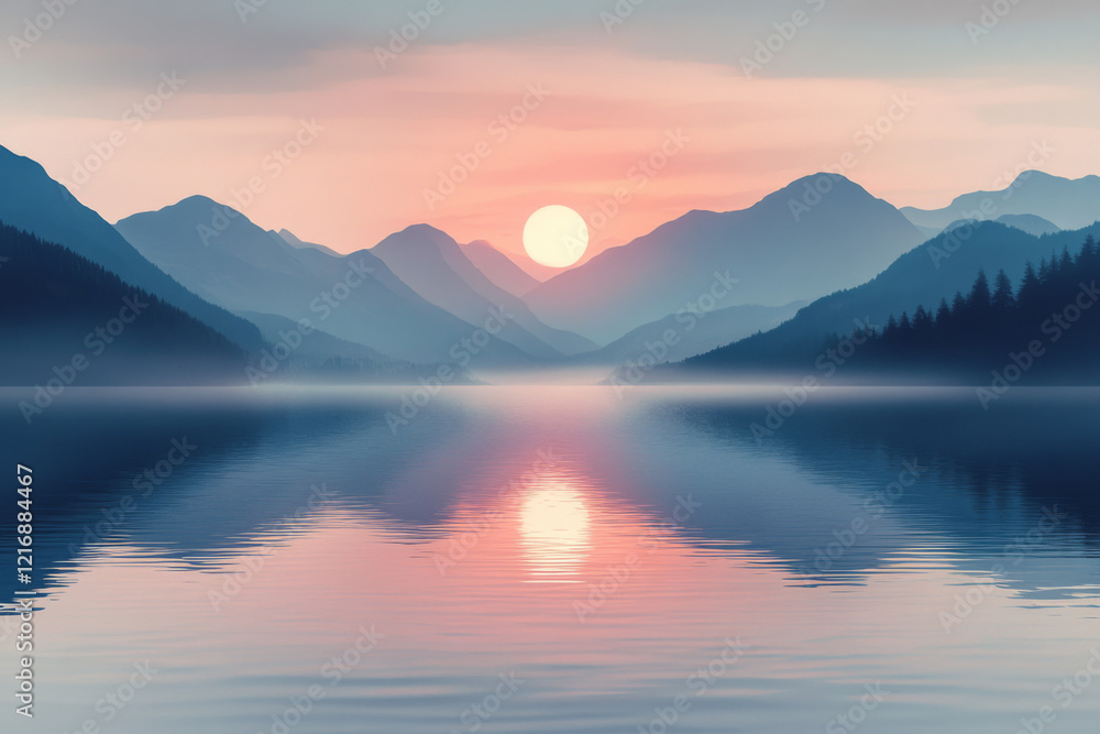 Serene sunset over calm lake with misty mountains in background Serene sunset over calm lake with misty mountains in background