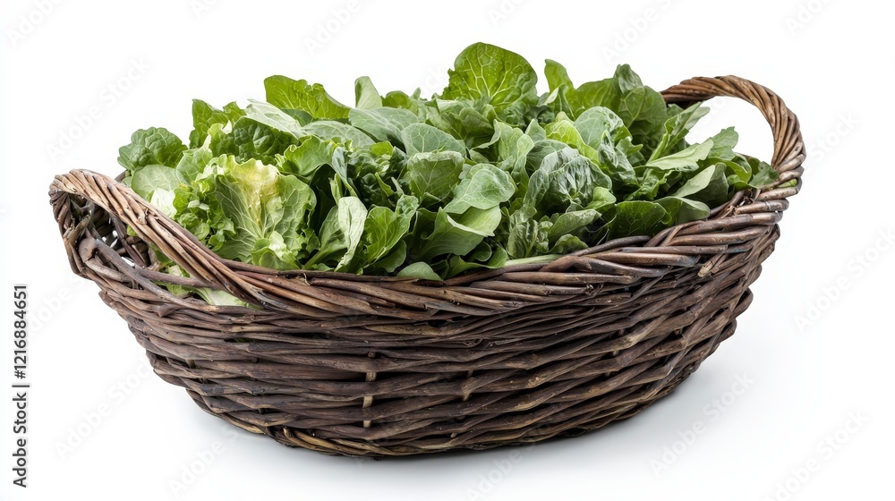 Fresh Green Leafy Vegetables in a Woven Basket on White Background Fresh Green Leafy Vegetables in a Woven Basket on White Background