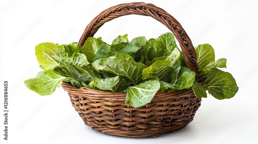 Fresh Green Lettuce in Woven Basket on White Background Fresh Green Lettuce in Woven Basket on White Background