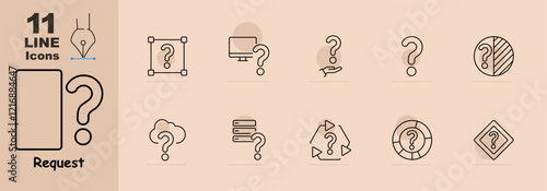 Question marks in square, computer, hand, cloud, database, arrows, lifebuoy, and warning sign. Represents problem-solving, inquiry, and data assistance.