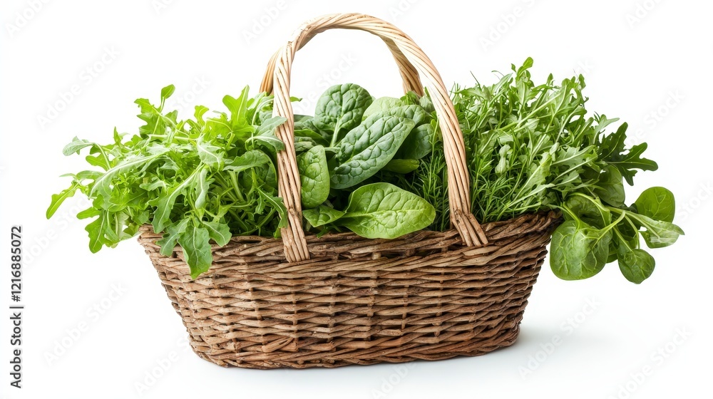 Fresh Green Leafy Vegetables in a Natural Woven Basket Arrangement Fresh Green Leafy Vegetables in a Natural Woven Basket Arrangement