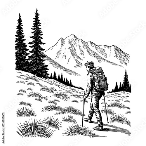 Man Hiking in Mountain with Backpack Black and White Outline Line Art Drawing of Adventure Trip