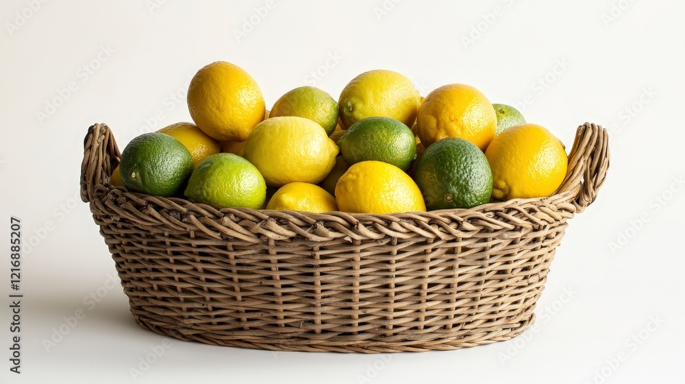 Freshly Harvested Citrus Fruits Displayed in a Woven Basket Freshly Harvested Citrus Fruits Displayed in a Woven Basket