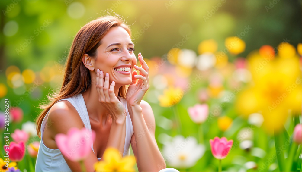 Smiling woman enjoying spring flowers in a vibrant garden, Spring Skin Care Theme Smiling woman enjoying spring flowers in a vibrant garden, Spring Skin Care Theme