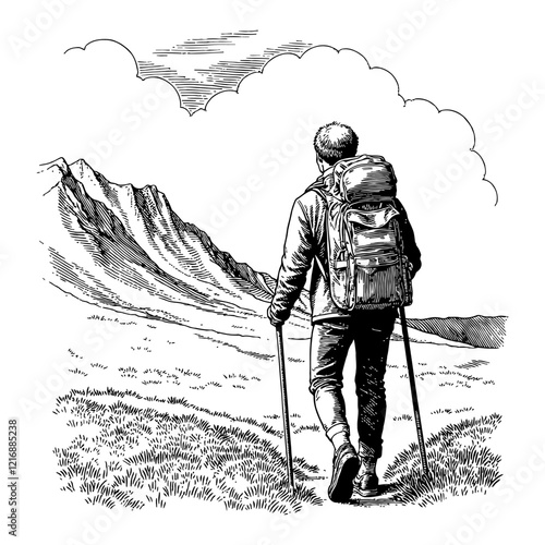 Man Hiking with Backpack and Sticks in Mountain Black and White Outline Line Art Drawing