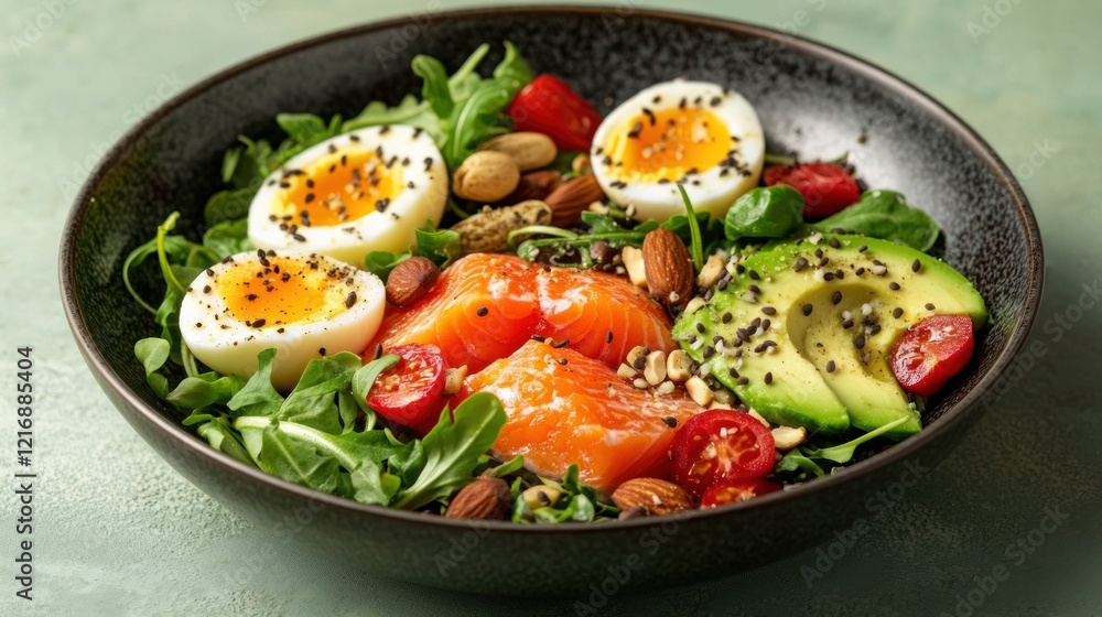Healthy breakfast bowl with salmon, eggs, avocado, and greens. Healthy breakfast bowl with salmon, eggs, avocado, and greens.