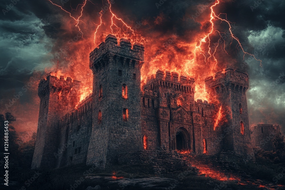 Castle engulfed in flames during a fierce lightning storm at twilight with ominous dark clouds Castle engulfed in flames during a fierce lightning storm at twilight with ominous dark clouds