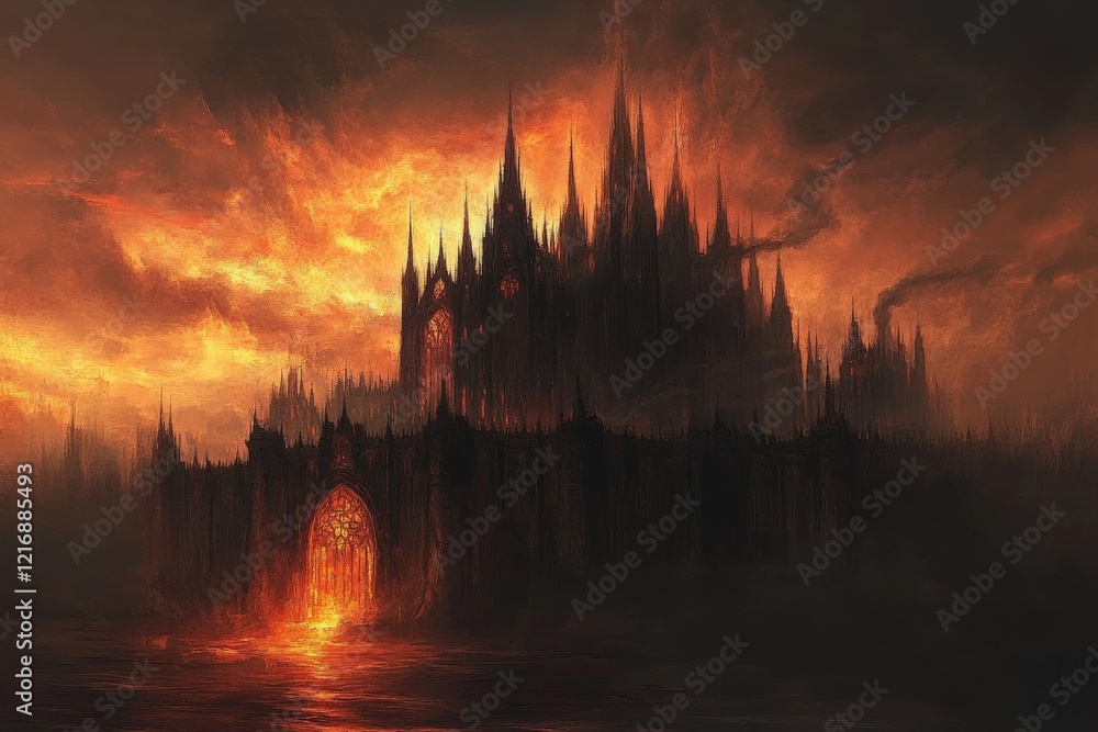 Obraz premium Dark castle rise from fiery landscape under ominous sky at twilight