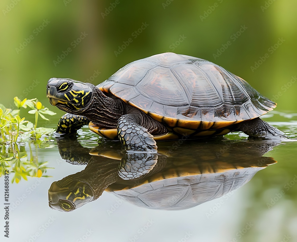 A turtle rests on a small plant, its reflection visible in the calm water. A turtle rests on a small plant, its reflection visible in the calm water.