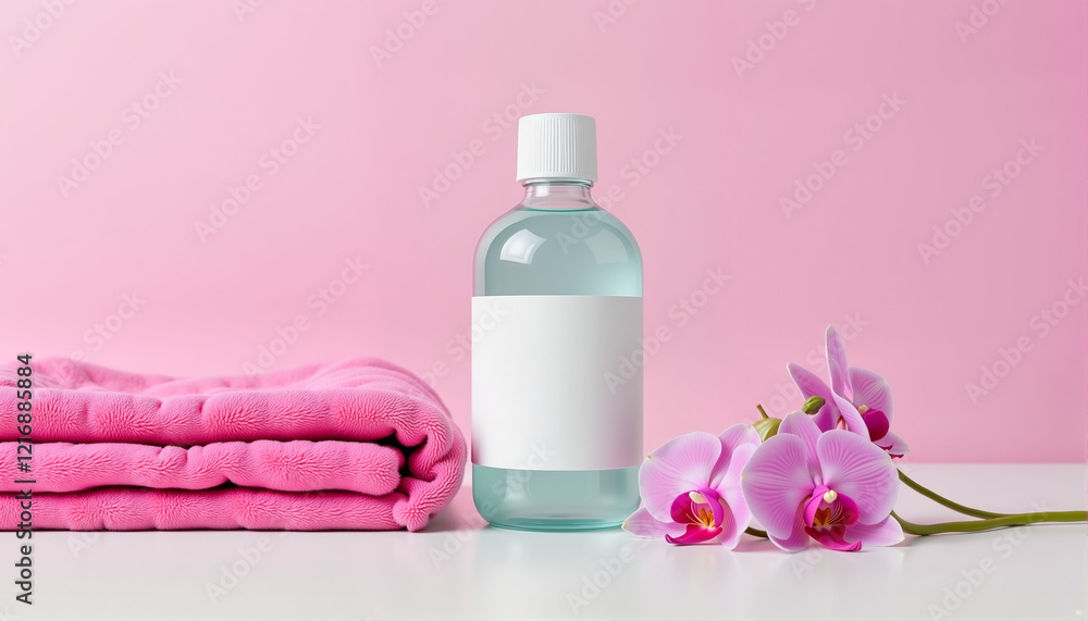 Spa essentials with pink towel and orchid flowers on pink background, Spring Skin Care Theme Spa essentials with pink towel and orchid flowers on pink background, Spring Skin Care Theme