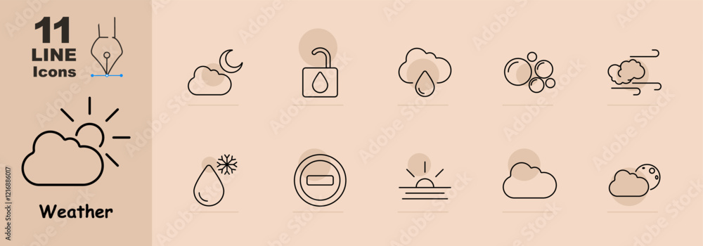 Clouds, moon, raindrop, snowflake, fog, wind, and sun. Represents atmospheric and seasonal conditions. Clouds, moon, raindrop, snowflake, fog, wind, and sun. Represents atmospheric and seasonal conditions.