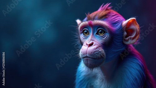 Wallpaper Mural A young primate, vibrant hues of blue and pink, gazing intently, a captivating portrait of wildlife in an artistic interpretation. Torontodigital.ca