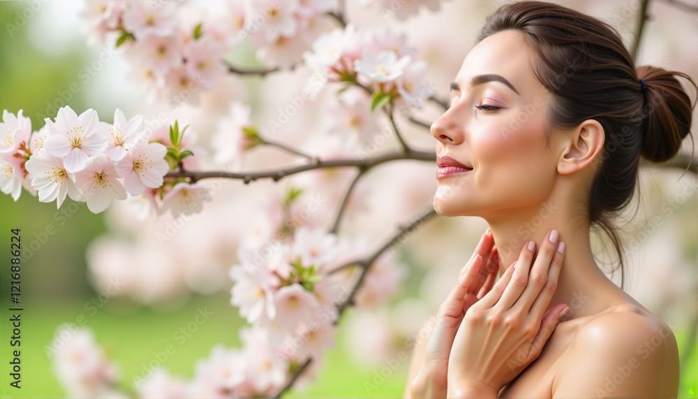 Woman enjoying spring blossoms in a sunny garden, Spring Skin Care Theme Woman enjoying spring blossoms in a sunny garden, Spring Skin Care Theme