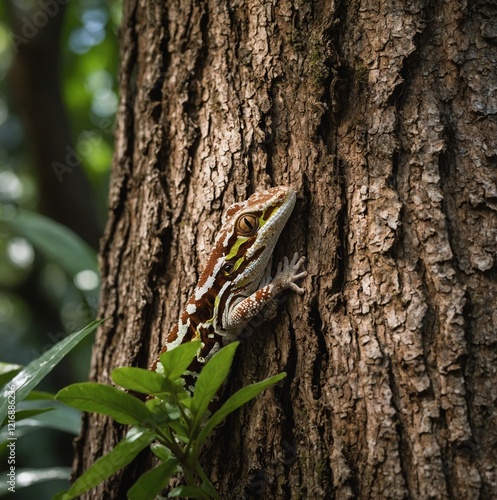 A beautifully detailed gecko clinging to a tree trunk, with a dense, green jungle background.  Camaleãozinho (Enyalius brasiliensis) | Brazilian Fathead Anole photographed in Linhares, Espírito Santo  photo