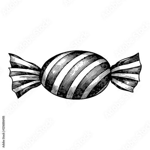 Striped Candy Wrapped in Detailed Black and White Outline Line Art Drawing Isolated on White