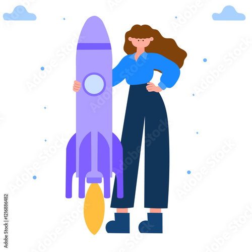 woman standing next to rocket startup and innovation concept flat vector illustration