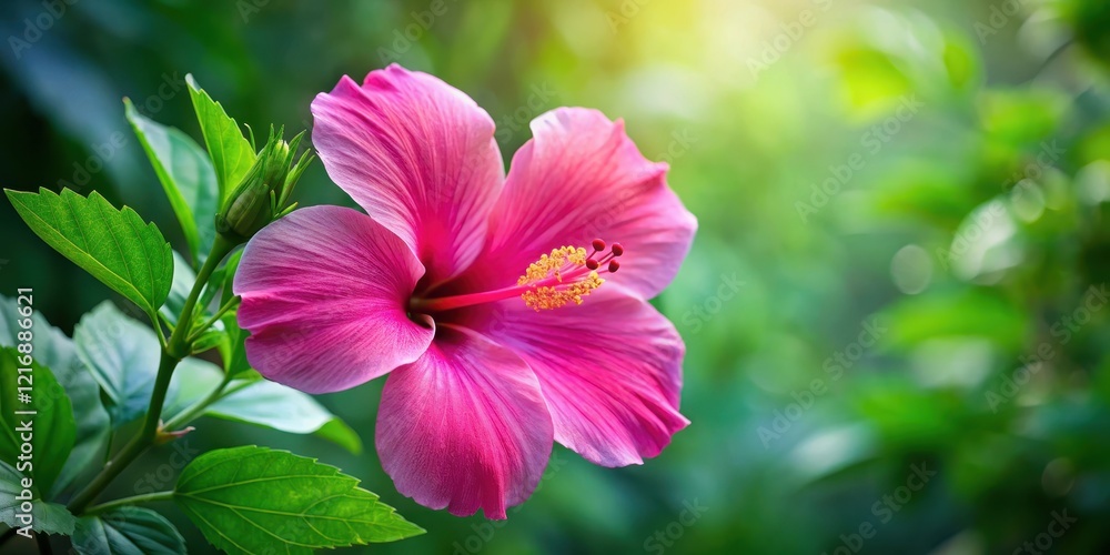 Fototapeta premium Pink hibiscus flower in full bloom with delicate petals and vibrant pink color, set against a natural green leaf background