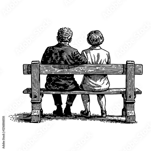Two People Sitting on Bench Back View Black and White Outline Line Art Drawing