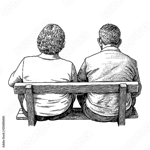 Two People Sitting Back on Park Bench Detailed Black and White Outline Line Art Drawing