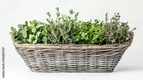 Fresh Herbs in a Decorative Grey Wicker Basket for Culinary Use