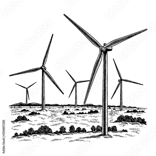 Wind Turbines in Rural Landscape Black and White Outline Line Art Drawing With Engraved Details