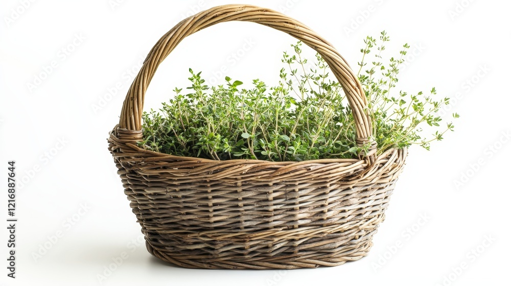 Fresh Green Herbs in a Rustic Wicker Basket on White Background Fresh Green Herbs in a Rustic Wicker Basket on White Background