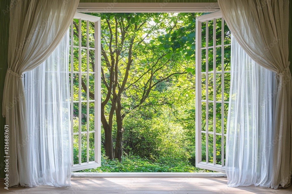 Fototapeta premium Open window with light sheer curtains flowing in the breeze, view of the garden outside.