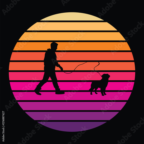 Bernese Mountain Dog Silhouette With sunset retro illustration Vector, Dog vintage sunset retro background