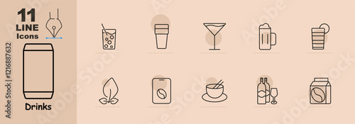 Drinks set icon. Soda can, cocktail, coffee cup, beer glass, juice, tea leaf, coffee bean, wine bottle, coffee carton, and cup with straw. Represents beverages, refreshment, and relaxation.