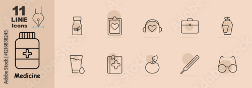 Medicine set icon. Pill bottle, herbal remedy, clipboard, headphones with heart, medical kit, soap dispenser, drink with drop, medical book, apple, thermometer, and glasses. Health, wellness, and care