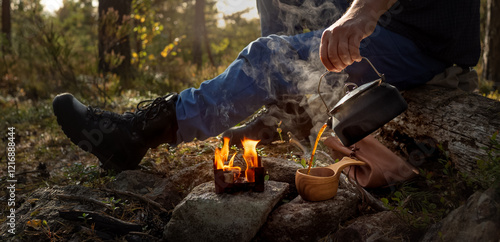 Hand pouring coffee into a wooden cup after having been made on a solid fuel portable stove
