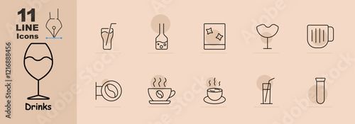 Drinks set icon. Wine glass, cocktail, drink with straw, ice drink, coffee bean, tea cup, steaming coffee, milk carton, test tube, and juice. Represents a mix of beverages for various occasions.