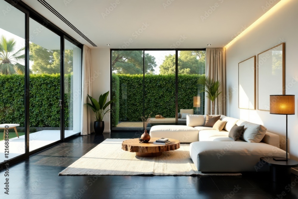 Fototapeta premium Modern Minimalist Living Room Design with Expansive Garden Views and Natural Light