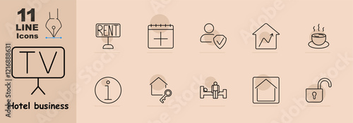 Hotel business set icon. TV, rent sign, calendar, guest verification, house with arrow, coffee, information symbol, key with house, room service, and padlock. Hotel facilities and rental management.