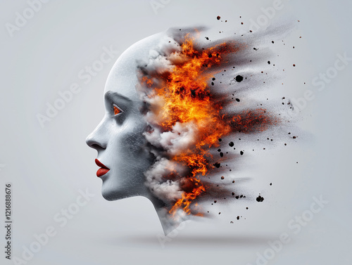 A surreal depiction of a female face profile dissolving into fiery explosions and smoke, symbolizing destruction, creativity, or transformation.
 photo