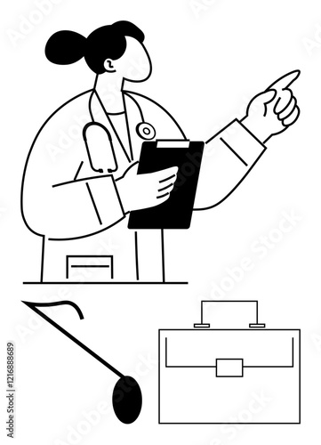 Female doctor points with authority while holding a clipboard, joined by a stethoscope and briefcase. Ideal for healthcare, leadership, teamwork, diagnosis, guidance, professionalism, abstract line