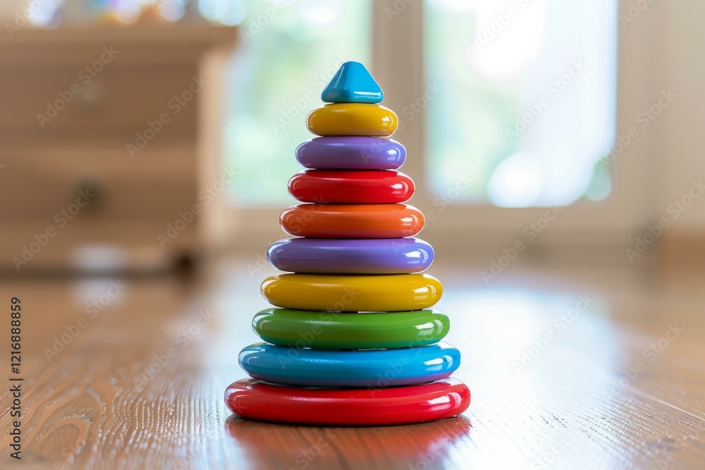 Φωτογραφία Colorful wooden toy pyramid standing on a floor in a children room