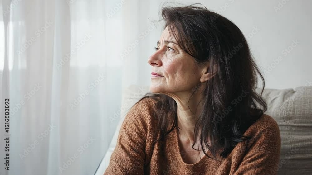 Contemplative Moment: A thoughtful woman with a warm, brown sweater gazes out of a window, her pensive expression suggesting quiet reflection and introspection. Contemplative Moment: A thoughtful woman with a warm, brown sweater gazes out of a window, her pensive expression suggesting quiet reflection and introspection.