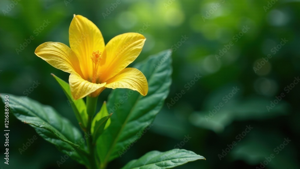 Obraz premium A single vibrant yellow blossom, delicately unfolding its petals amidst a lush backdrop of verdant foliage, bathed in soft natural light