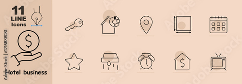 Hotel business set icon. Key, secure property, map pin, dimensions, calendar, star, water drop, alarm clock, house with cost, and television. Represents booking, pricing, and hospitality services